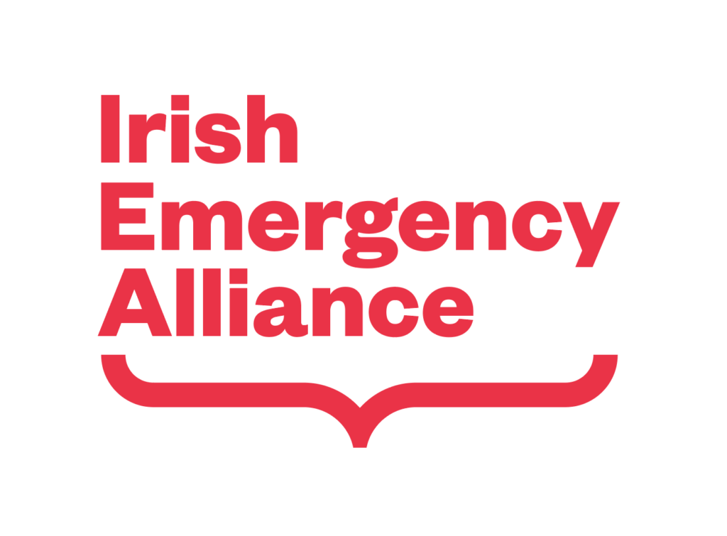 Irish Emergency Alliance logo in bold red text on a white background, emphasizing emergency support efforts.