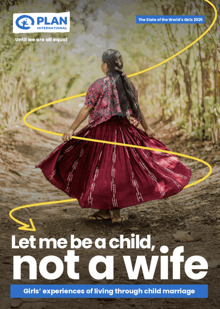 Girl in traditional dress walking on forest path, highlighting child marriage awareness.