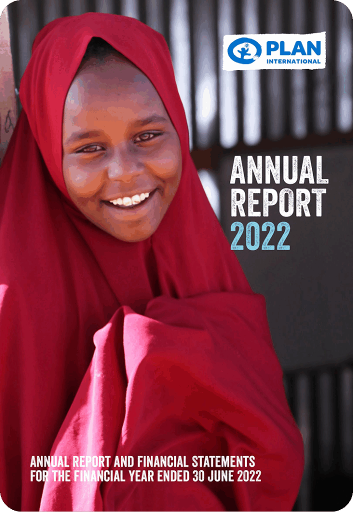 Smiling individual in red hijab, next to Plan International Annual Report 2022 cover text.