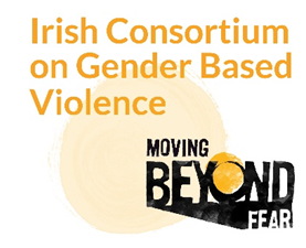 Irish Consortium on Gender-Based Violence logo with Moving Beyond Fear text on a yellow circle background.