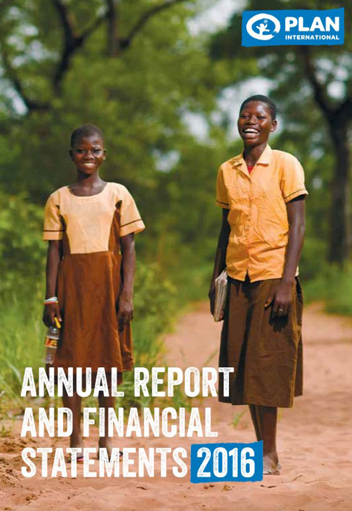 Two children smiling outdoors, cover of Plan International's 2016 Annual Report and Financial Statements.