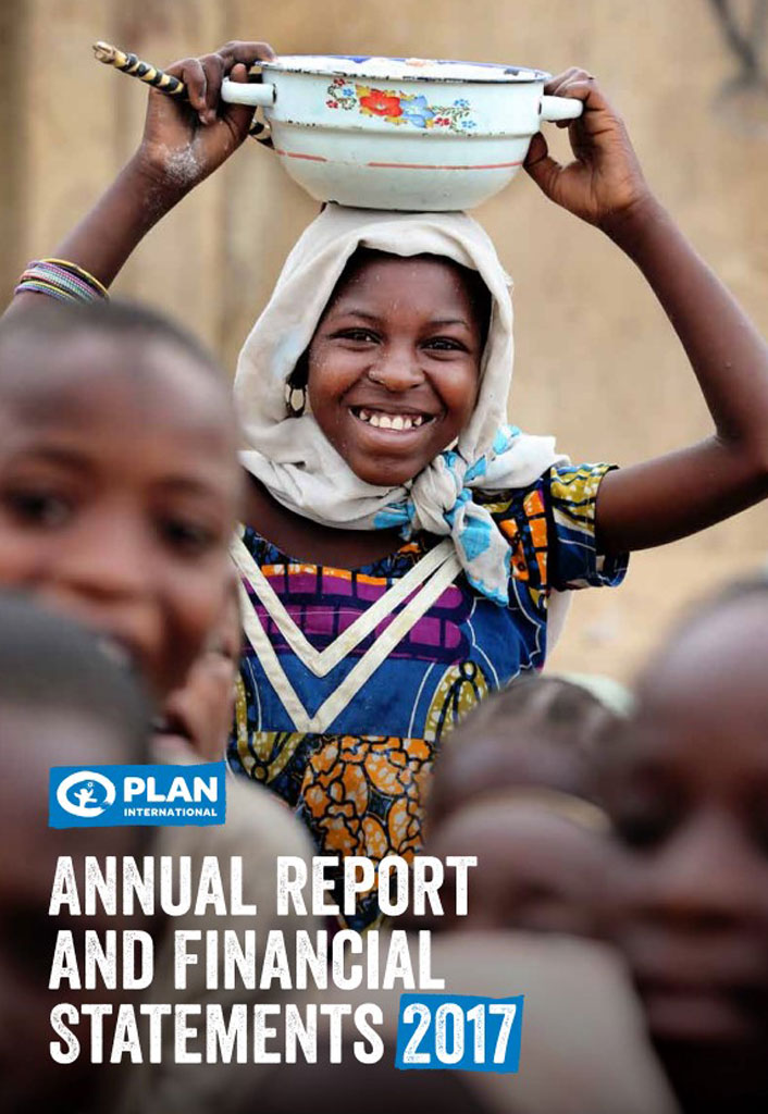 Smiling girl holding a pot on her head, cover of Plan International 2017 Annual Report and Financial Statements.