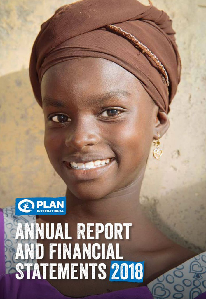 Smiling person on the cover of Plan International 2018 Annual Report and Financial Statements.