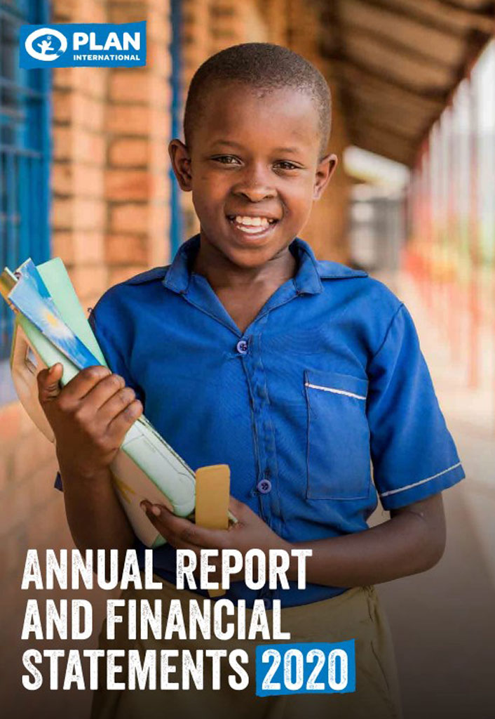 Smiling child holding books, wearing a blue shirt; Plan International's 2020 Annual Report and Financial Statements cover.